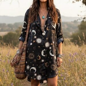 Cerie Silk-Like Shirt Dress Black Astrology Stars Moon Boho Celestial Hippie Y2K